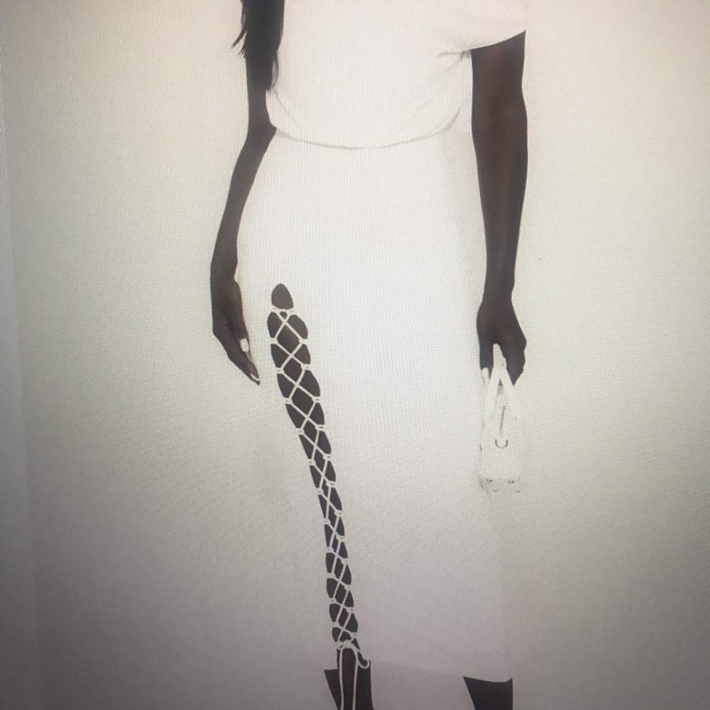 White Off Shoulder Stretch Maxi Dress w/ Lace Up Front Slit